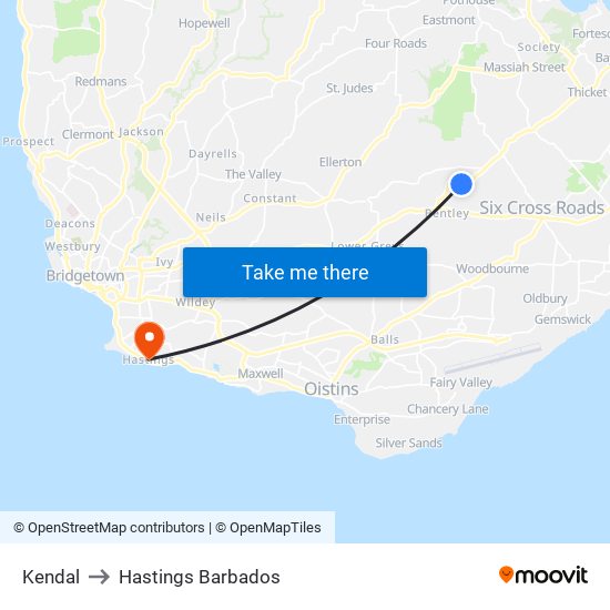 Kendal to Hastings Barbados map