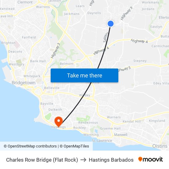 Charles Row Bridge (Flat Rock) to Hastings Barbados map