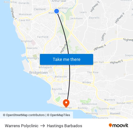 Warrens Polyclinic to Hastings Barbados map