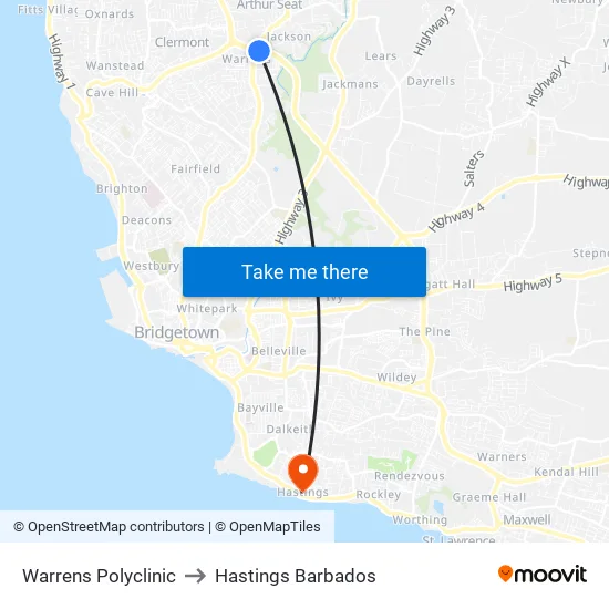 Warrens Polyclinic to Hastings Barbados map
