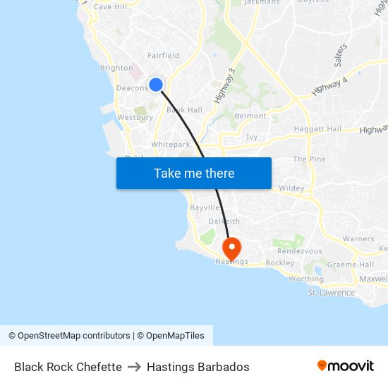 Black Rock Chefette to Hastings Barbados map