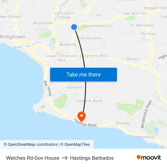 Welches Rd-Gov House to Hastings Barbados map
