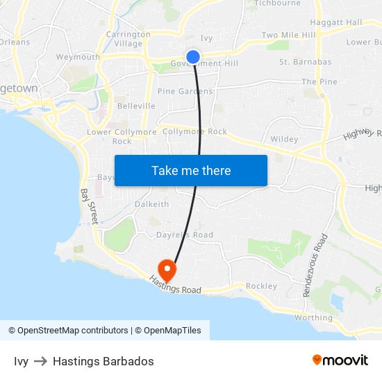 Ivy to Hastings Barbados map