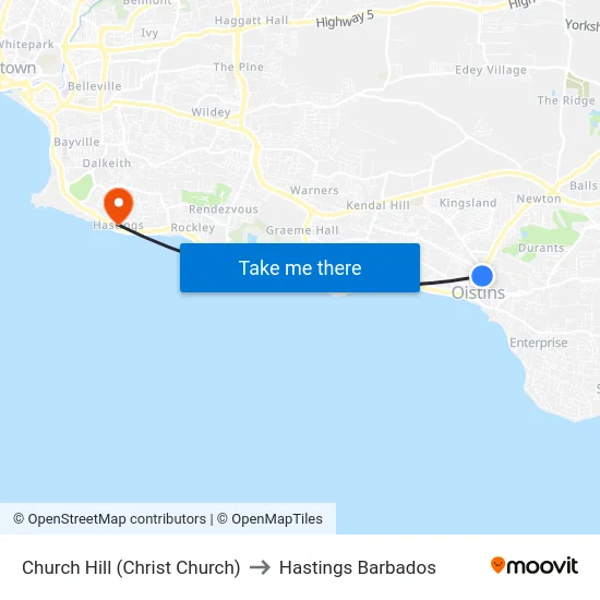 Church Hill (Christ Church) to Hastings Barbados map