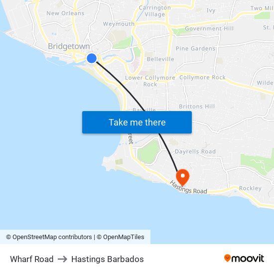 Wharf Road to Hastings Barbados map