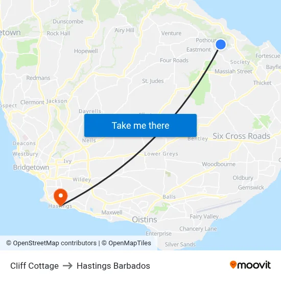 Cliff Cottage to Hastings Barbados map