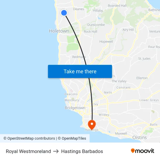 Royal Westmoreland to Hastings Barbados map