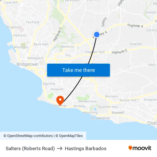 Salters (Roberts Road) to Hastings Barbados map