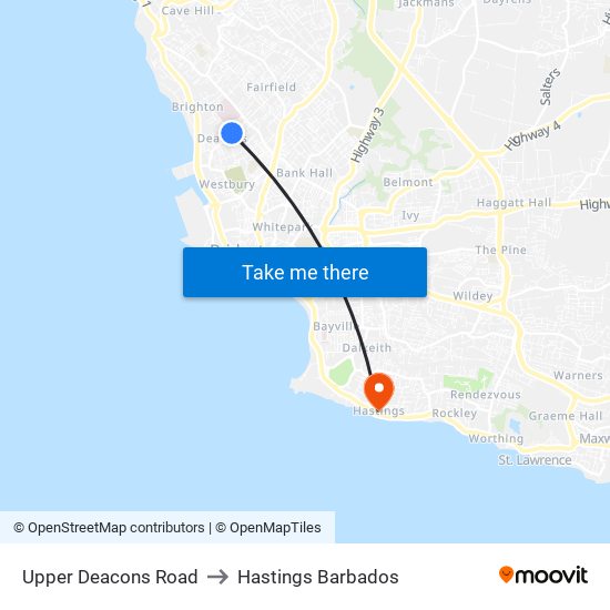 Upper Deacons Road to Hastings Barbados map