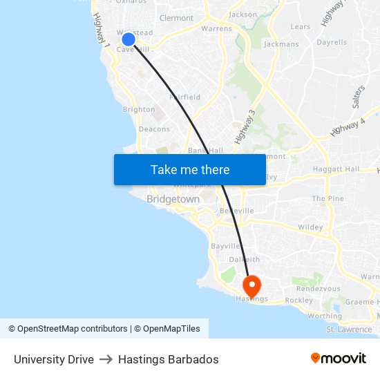 University Drive to Hastings Barbados map