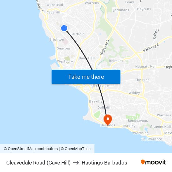 Cleavedale  Road (Cave Hill) to Hastings Barbados map