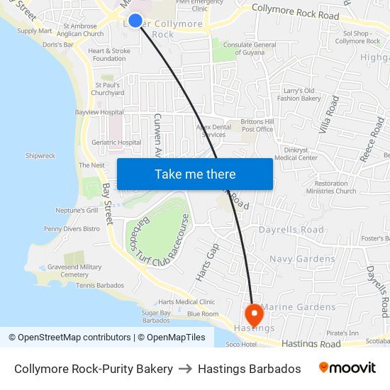 Collymore Rock-Purity Bakery to Hastings Barbados map