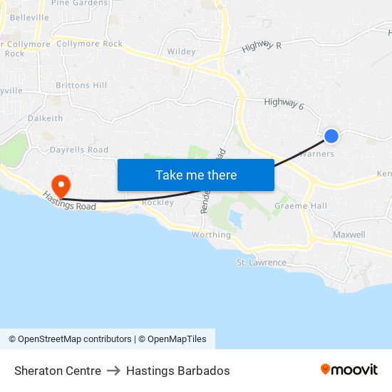 Sheraton Centre to Hastings Barbados map