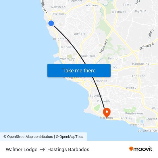 Walmer Lodge to Hastings Barbados map