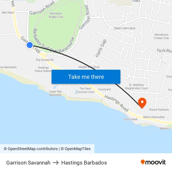 Garrison Savannah to Hastings Barbados map