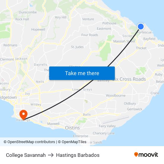 College Savannah to Hastings Barbados map