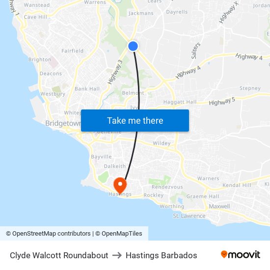 Clyde Walcott Roundabout to Hastings Barbados map
