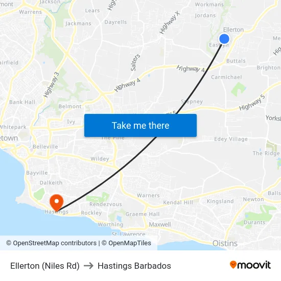 Ellerton (Niles Rd) to Hastings Barbados map