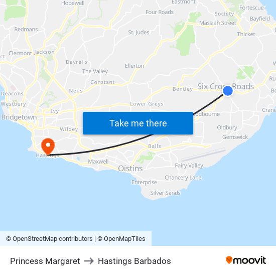 Princess Margaret to Hastings Barbados map