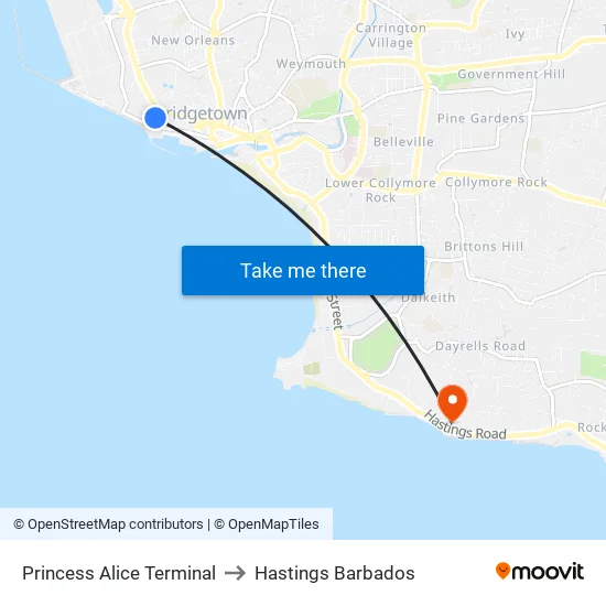 Princess Alice Terminal to Hastings Barbados map