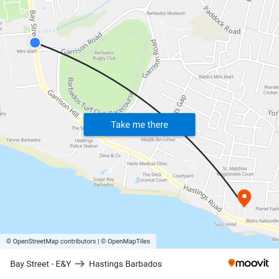 Bay Street - E&Y to Hastings Barbados map