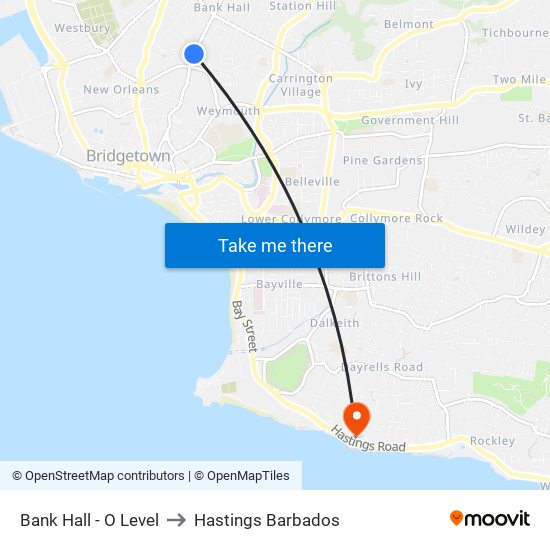 Bank Hall - O Level to Hastings Barbados map