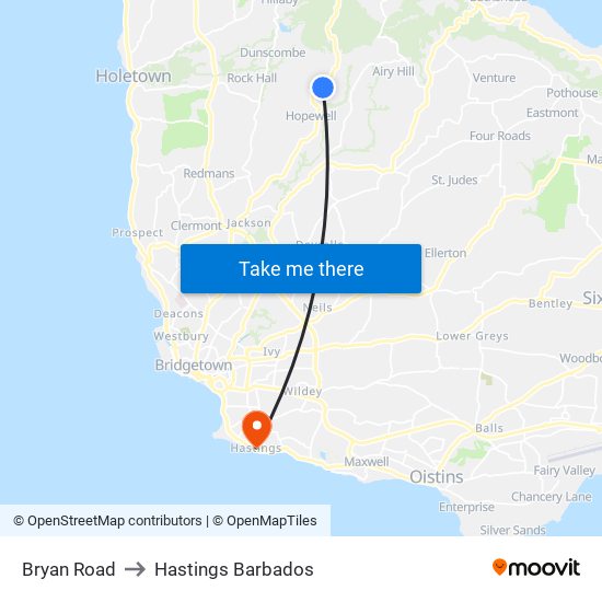 Bryan Road to Hastings Barbados map