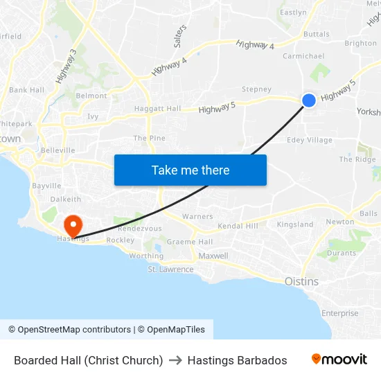Boarded Hall (Christ Church) to Hastings Barbados map