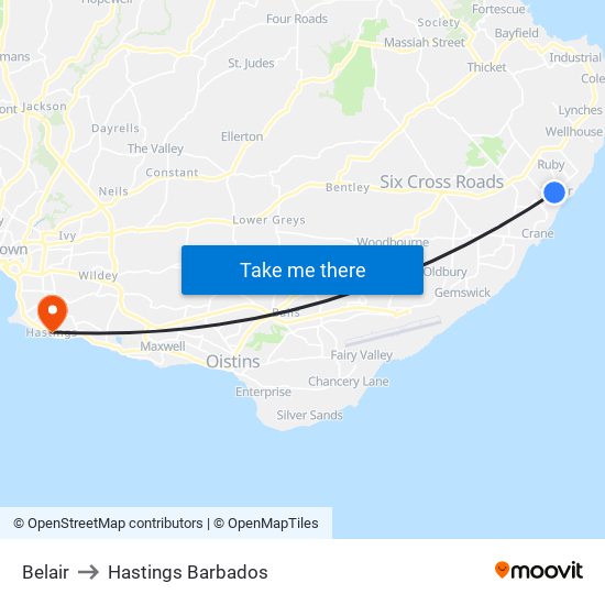 Belair to Hastings Barbados map