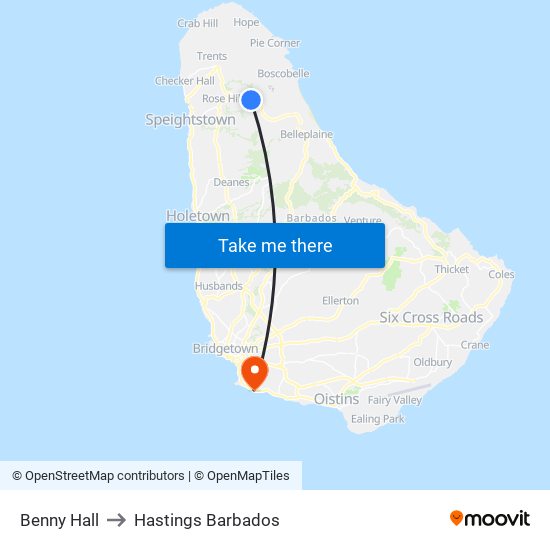 Benny Hall to Hastings Barbados map