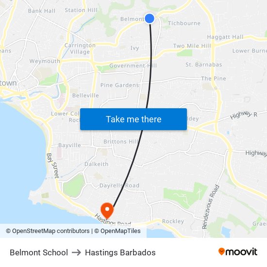 Belmont School to Hastings Barbados map