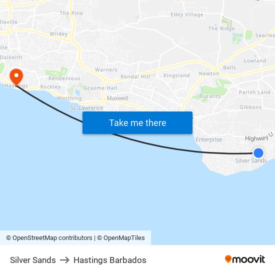 Silver Sands to Hastings Barbados map