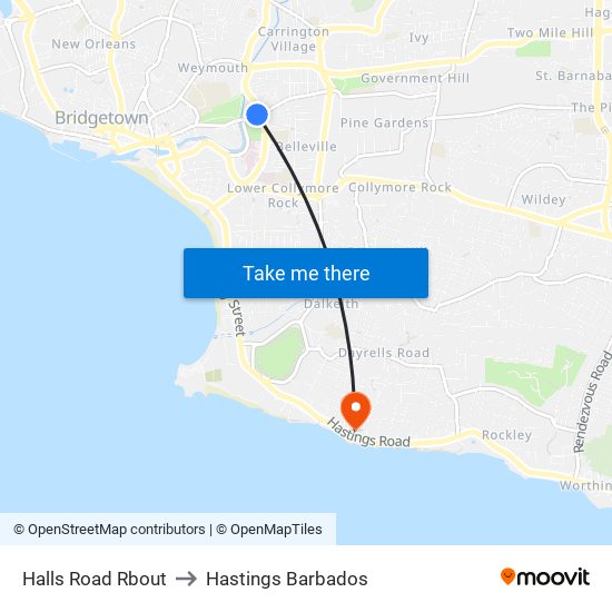 Halls Road Rbout to Hastings Barbados map