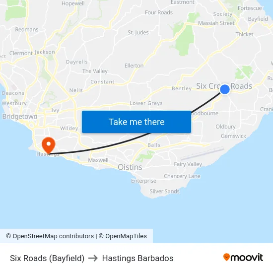 Six Roads (Bayfield) to Hastings Barbados map