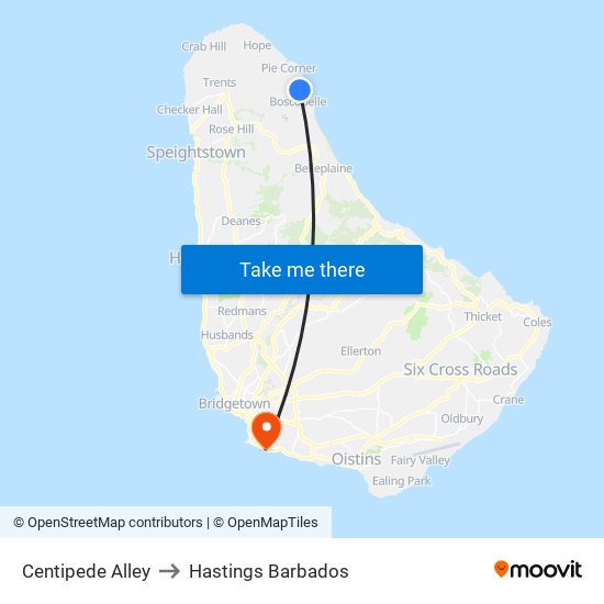 Centipede Alley to Hastings Barbados map