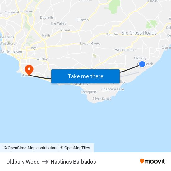 Oldbury Wood to Hastings Barbados map