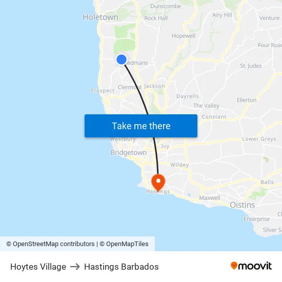 Hoytes Village to Hastings Barbados map