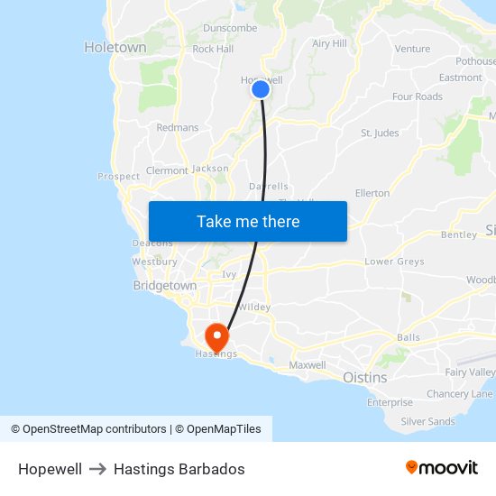 Hopewell to Hastings Barbados map