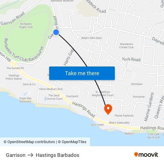 Garrison to Hastings Barbados map