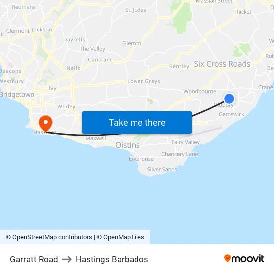 Garratt Road to Hastings Barbados map