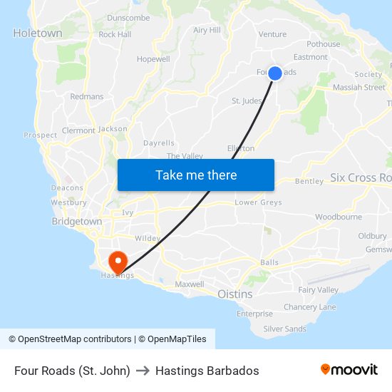 Four Roads (St. John) to Hastings Barbados map