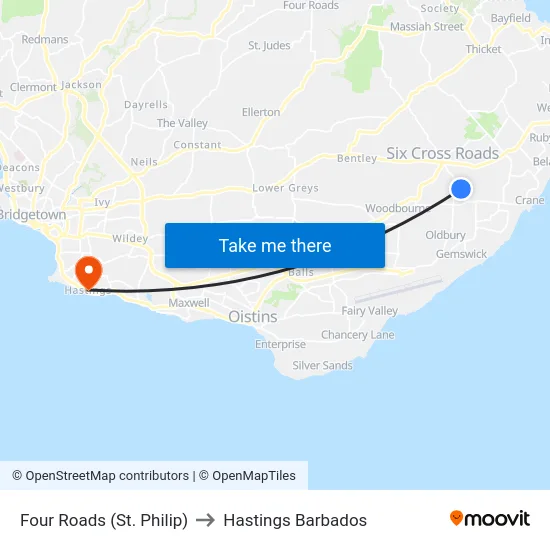 Four Roads (St. Philip) to Hastings Barbados map