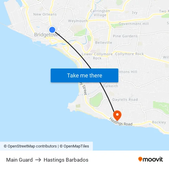 Main Guard to Hastings Barbados map