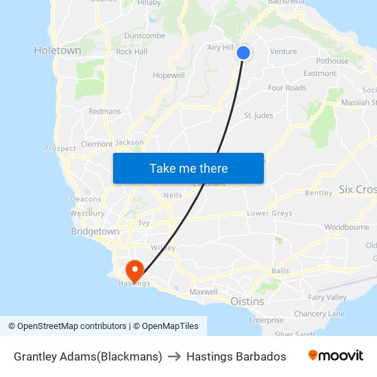 Grantley Adams(Blackmans) to Hastings Barbados map