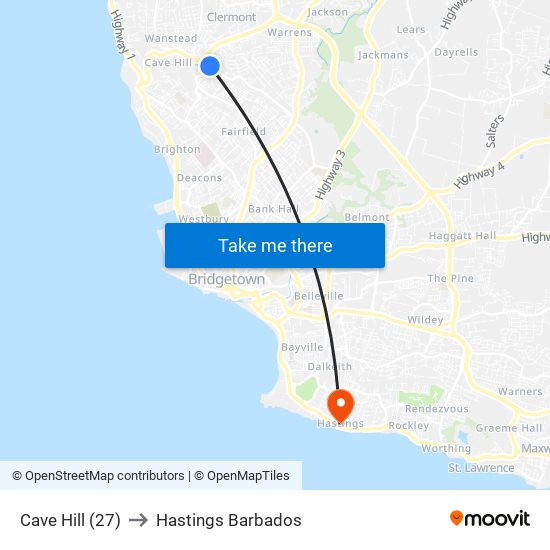 Cave Hill (27) to Hastings Barbados map