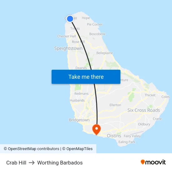 Crab Hill to Worthing Barbados map