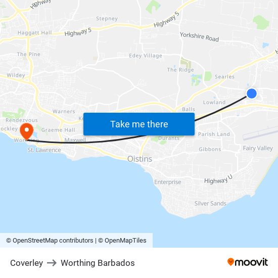 Coverley to Worthing Barbados map