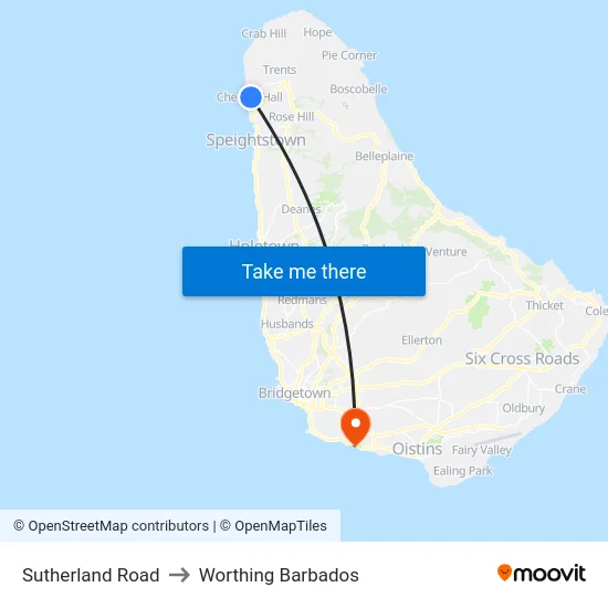 Sutherland Road to Worthing Barbados map