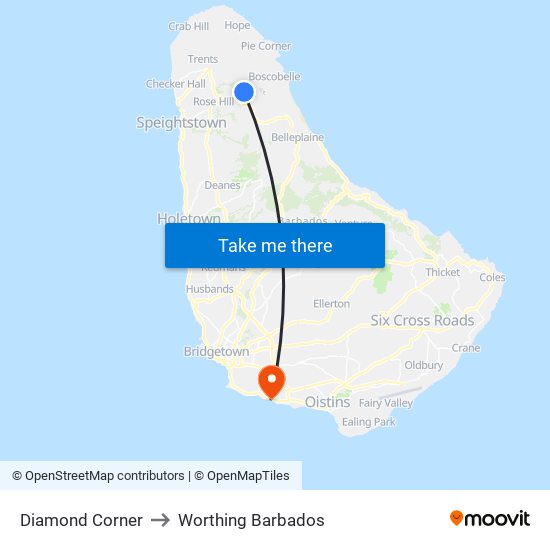 Diamond Corner to Worthing Barbados map