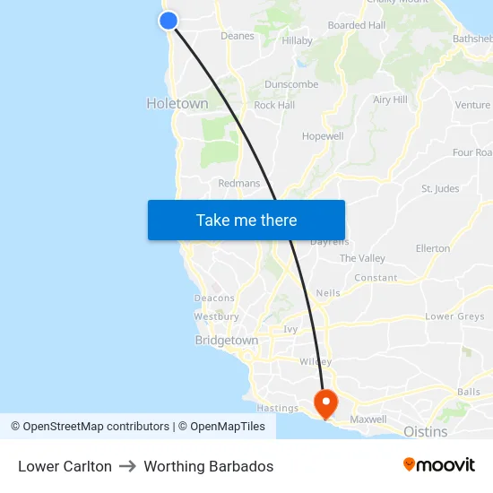 Lower Carlton to Worthing Barbados map